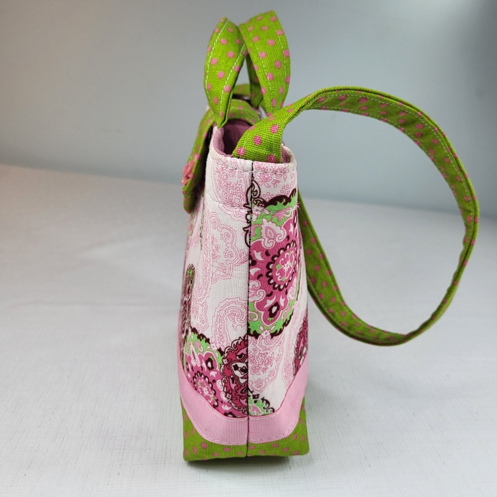 Ever Sew English Handmade PURSE Handbag Small Tote Fabric Green Pink Medallions - Picture 3 of 13